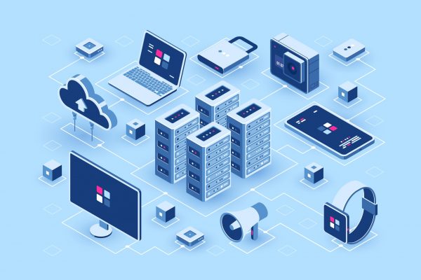 Computer technology isometric icon, server room, digital device set, element for design, pc laptop, mobile phone with smartwatch, cloud storage, flat vector illustration